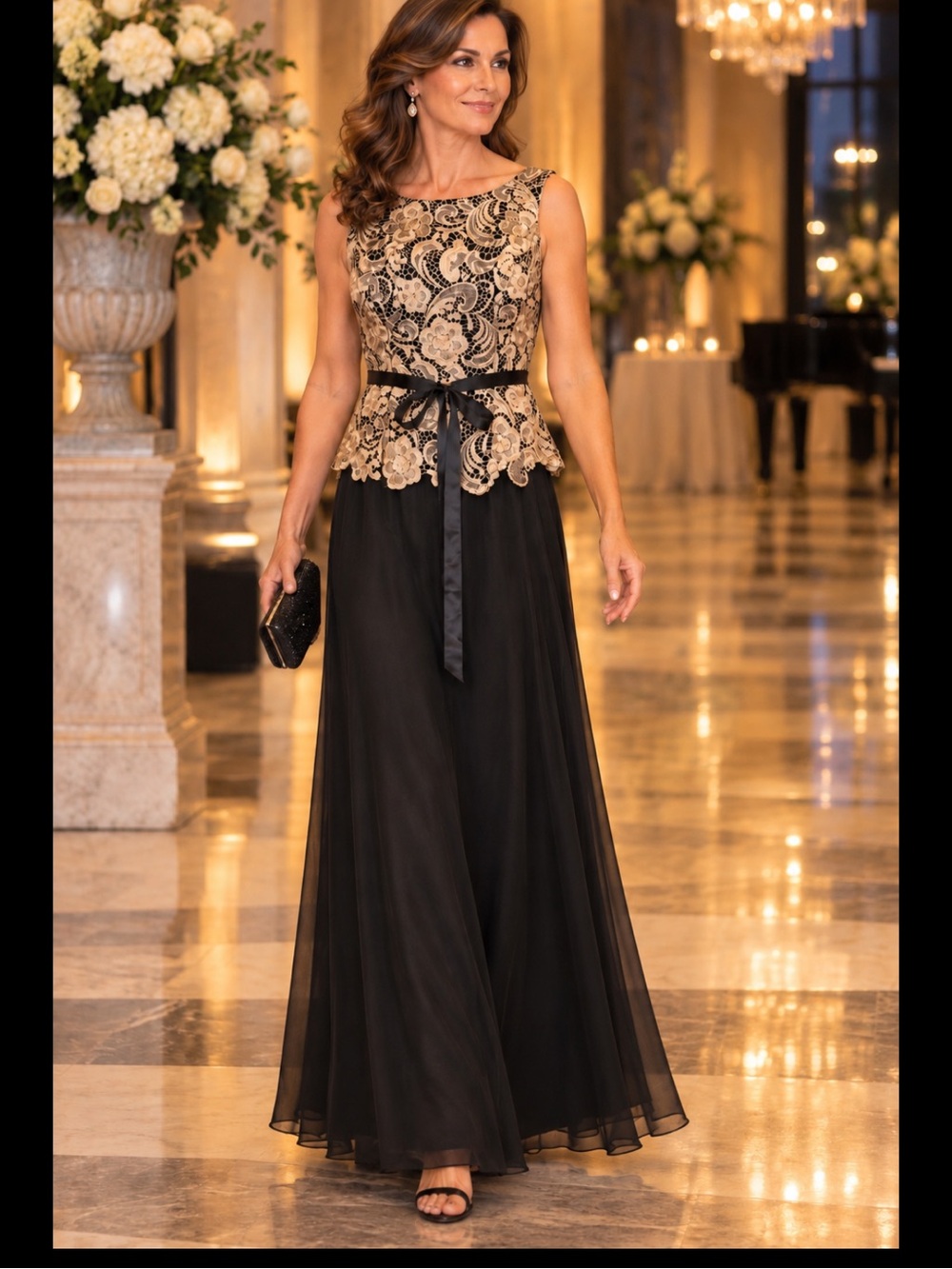 Alex Evenings Size 12 Black Gold Lace Formal Evening Gown 59” Long - Picture 2 of 14